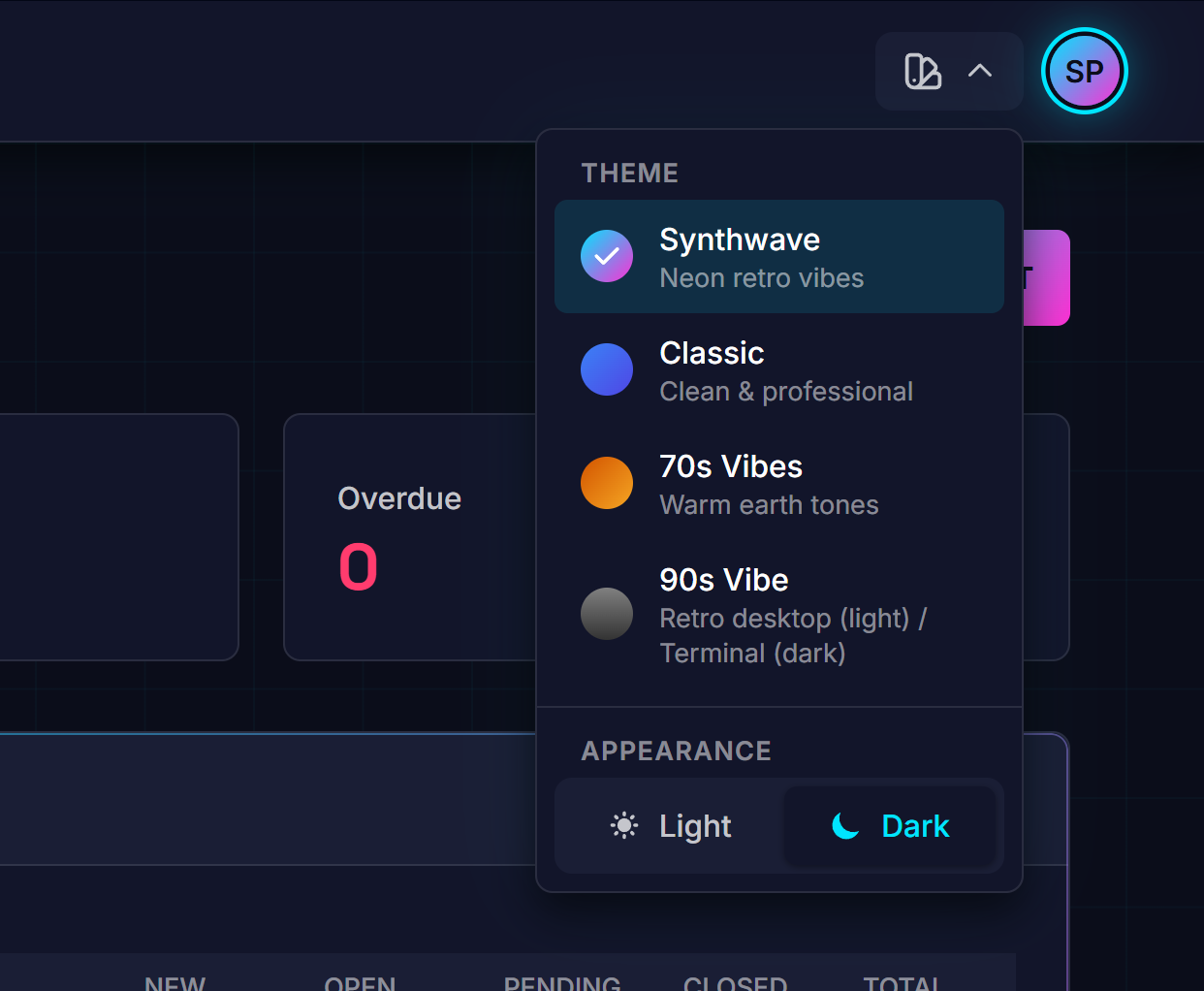 Theme selector dropdown in the navigation bar